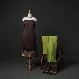 Brown - Pochampally Ikat Silk Cotton 3pc Unstitched Dress Material Suit Set 26