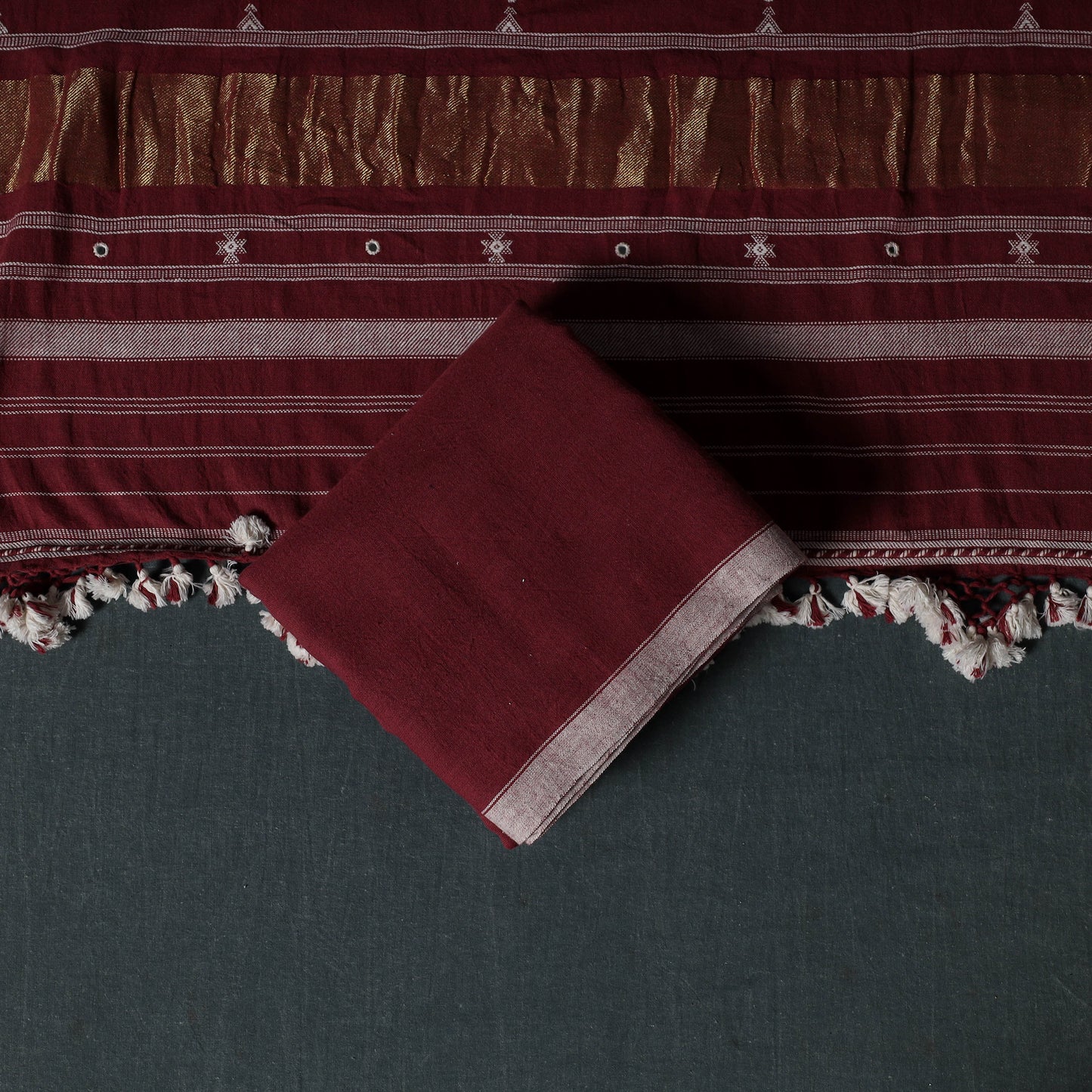Kutch Handwoven Mirror Work Kala Cotton 3pc Unstitched Dress Material Suit Set 08