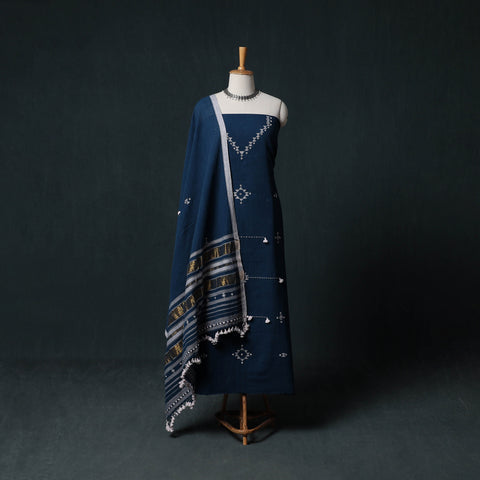 Kutch Handwoven Mirror Work Kala Cotton 3pc Unstitched Dress Material Suit Set 07