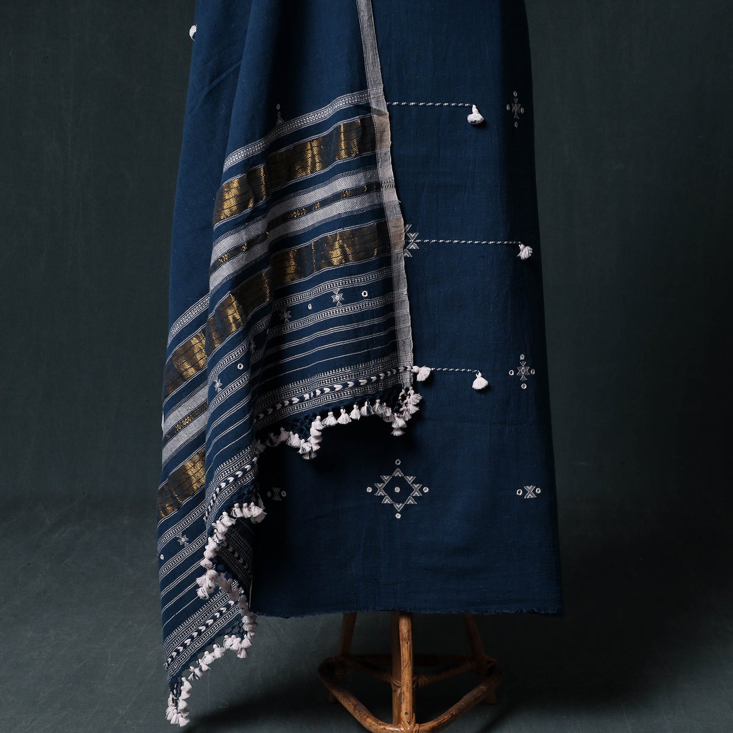 Kutch Handwoven Mirror Work Kala Cotton 3pc Unstitched Dress Material Suit Set 07