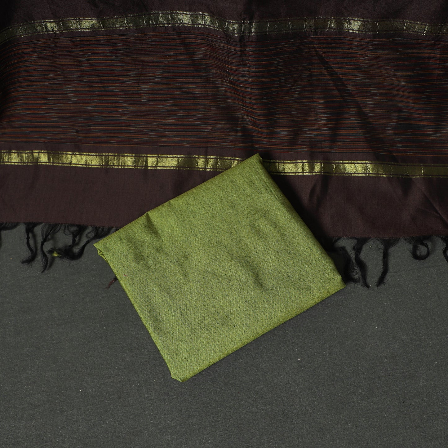Brown - Pochampally Ikat Silk Cotton 3pc Unstitched Dress Material Suit Set 26