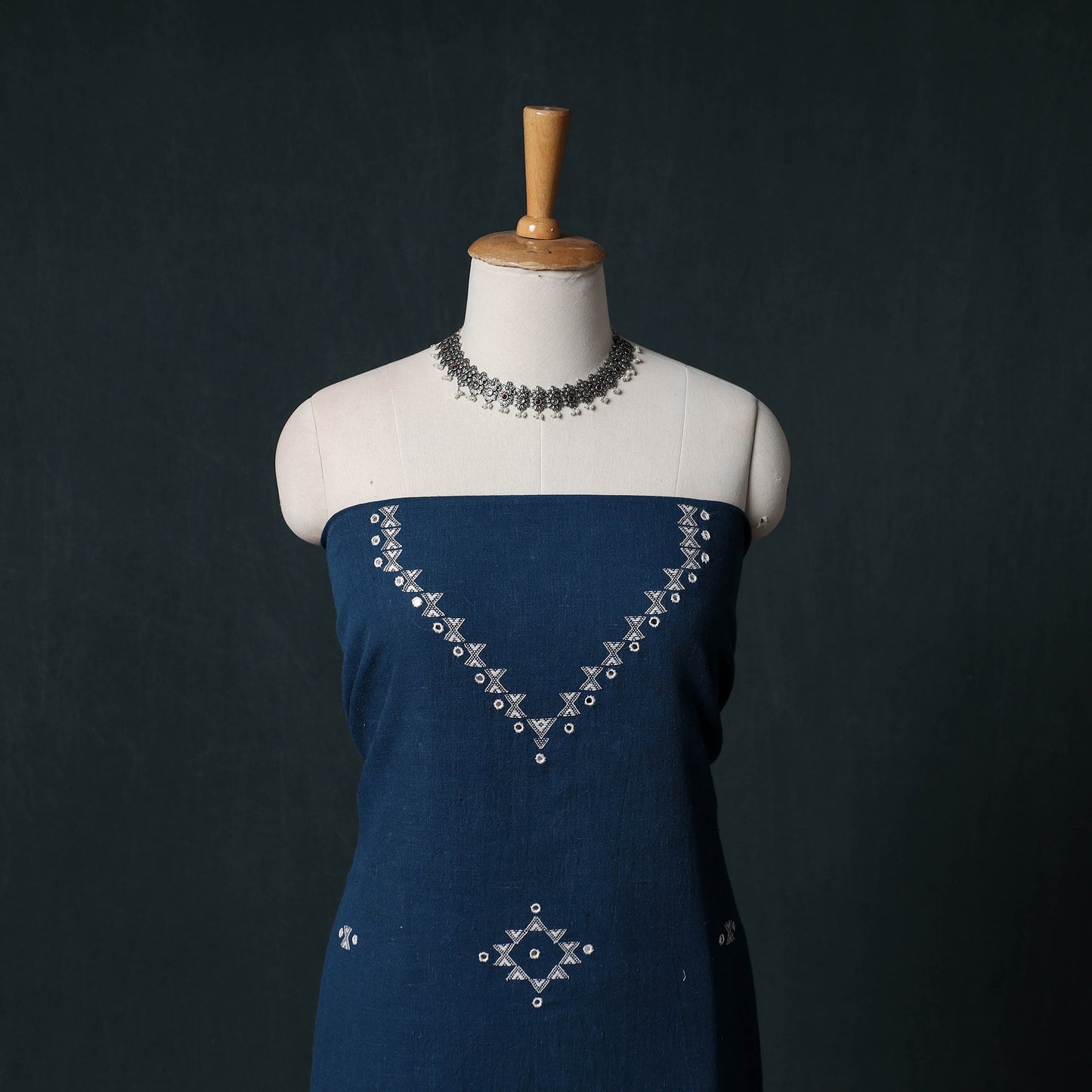Kutch Handwoven Mirror Work Kala Cotton 3pc Unstitched Dress Material Suit Set 07