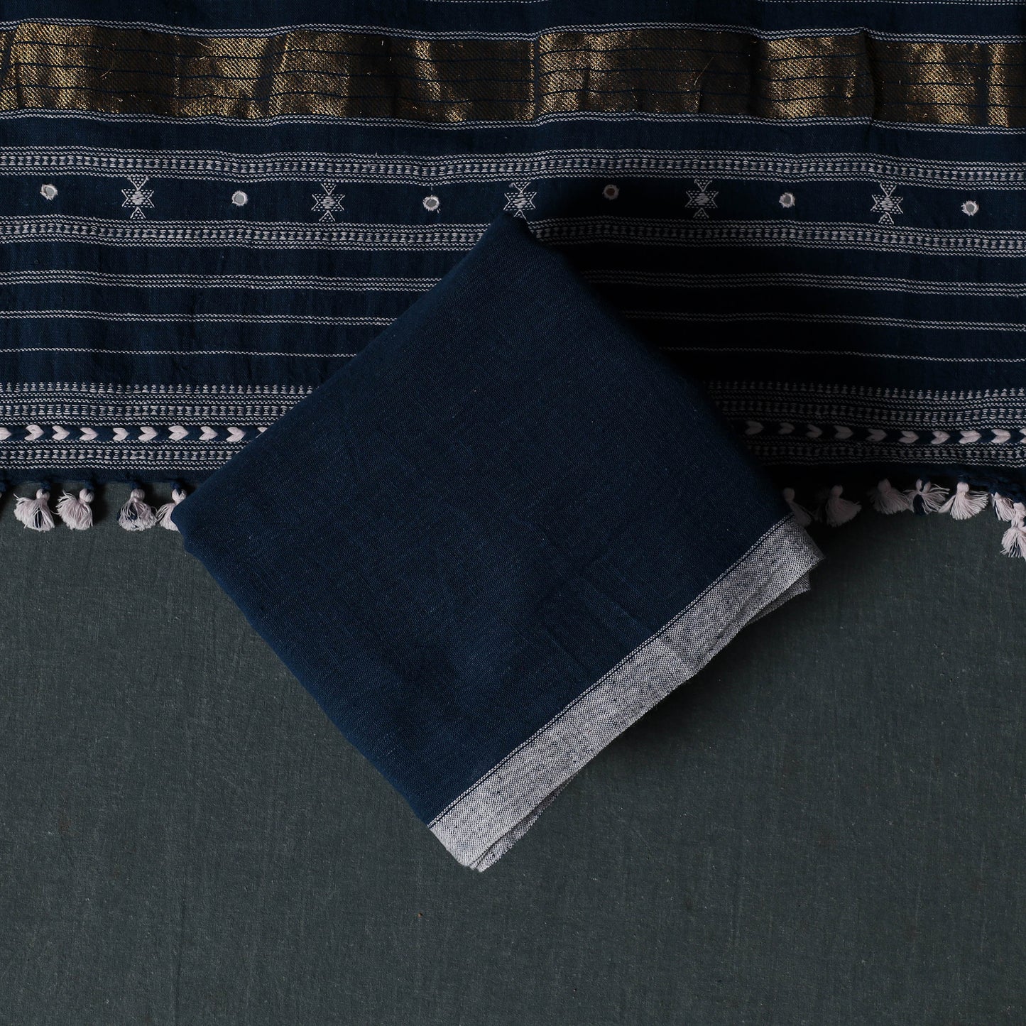 Kutch Handwoven Mirror Work Kala Cotton 3pc Unstitched Dress Material Suit Set 07