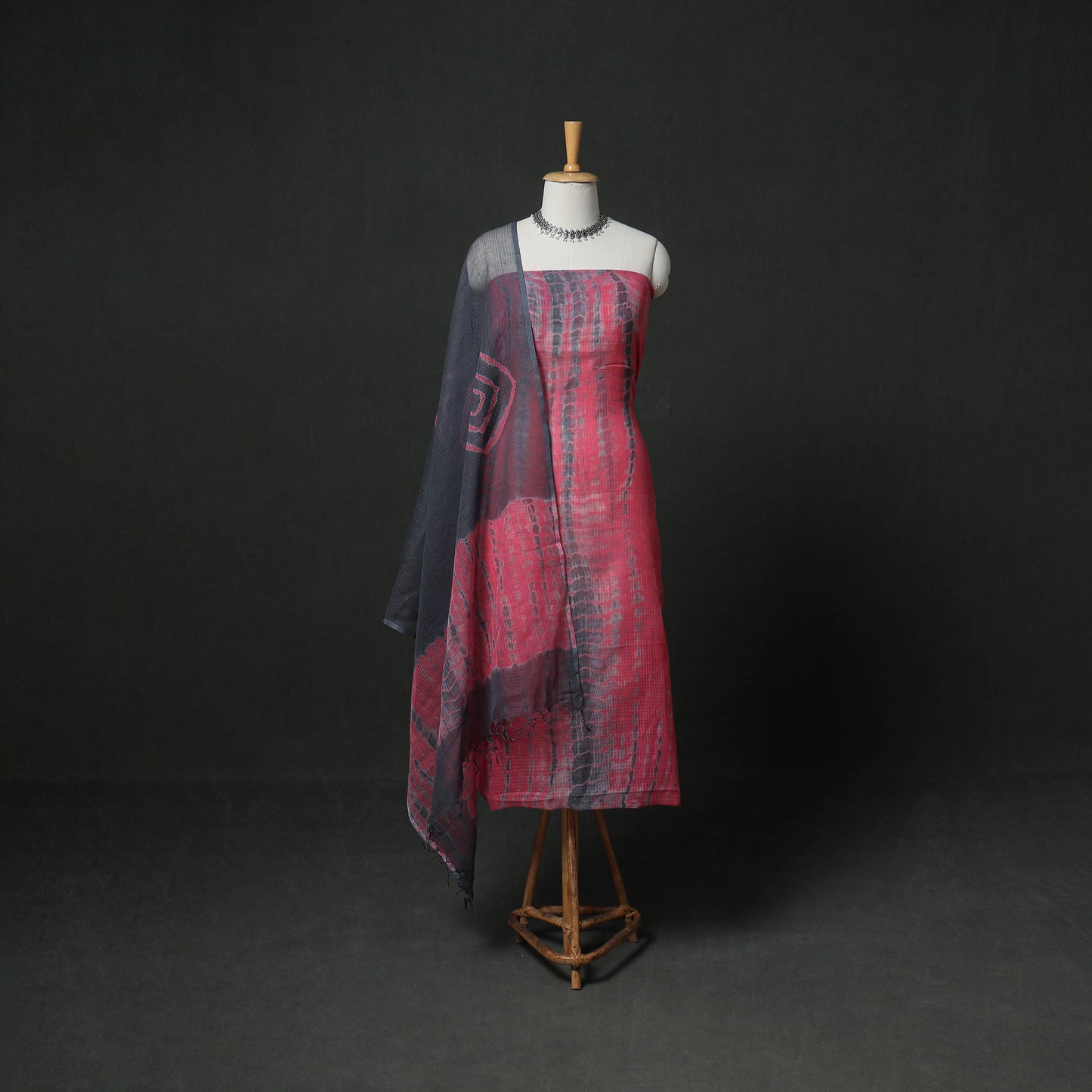 Pink - Shibori Tie-Dye Kota Doria Cotton 3pc Unstitched Dress Material Suit Set 08