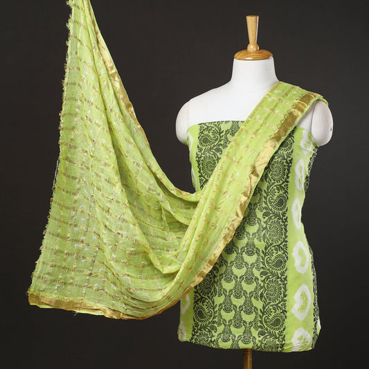 Green - 3pc Kutch Bandhani & Shibori Tie-Dye Cotton Suit Material Set