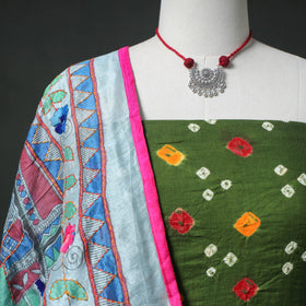 Bandhani Cotton 2pc Unstitched Dress Material Kurta Set with Jewellery 01