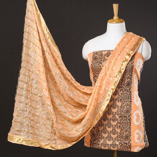 Orange - 3pc Kutch Bandhani & Shibori Tie-Dye Cotton Suit Material Set