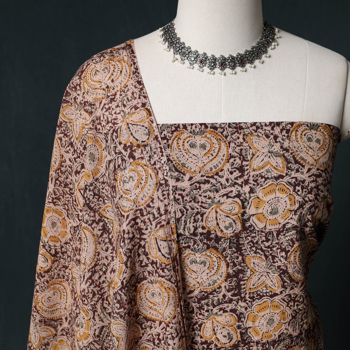Pedana Hand Block Print Natural Dyed Cotton Kalamkari Unstitched Dress Material Kurta Set 07