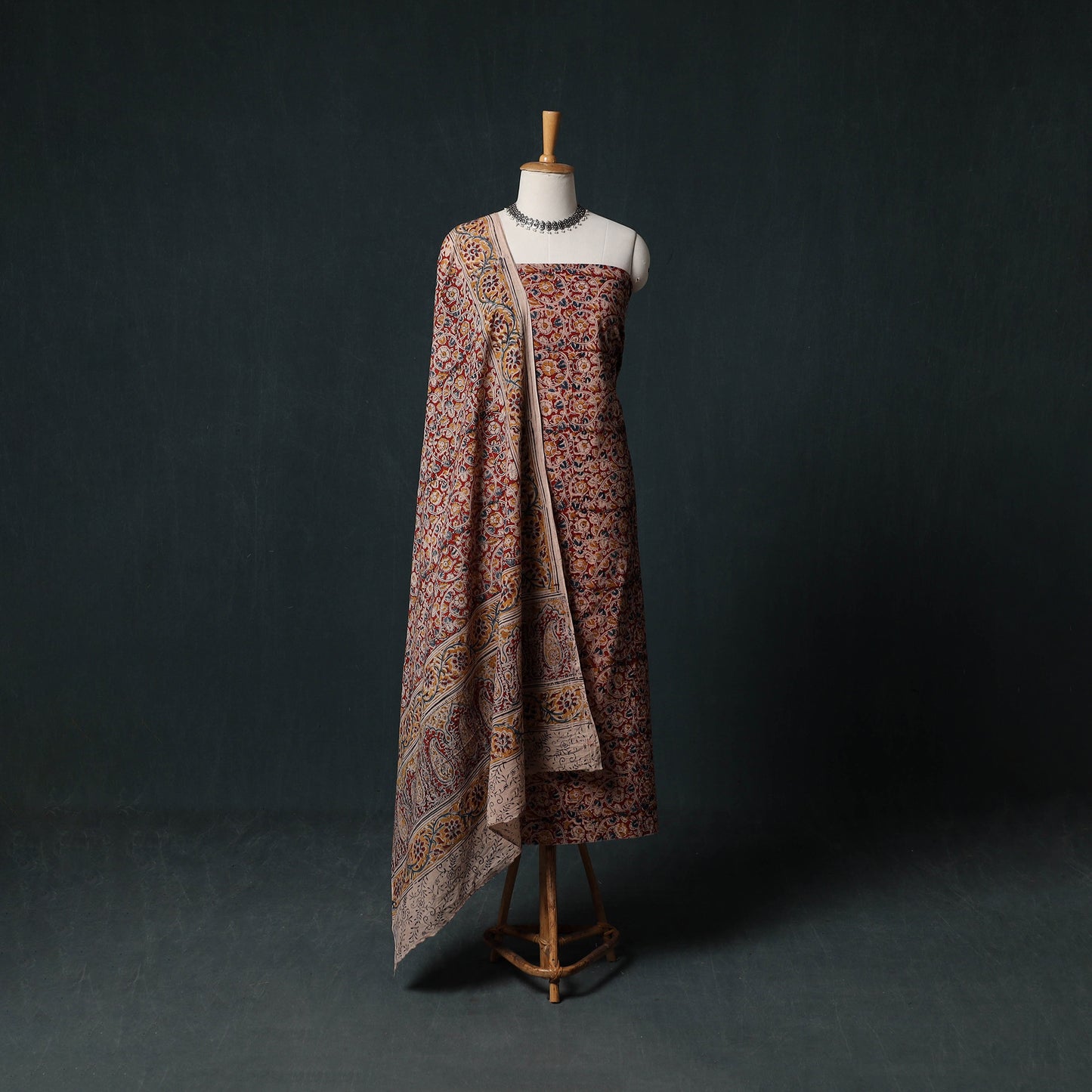 Pedana Hand Block Print Natural Dyed Cotton Kalamkari Unstitched Dress Material Kurta Set 08