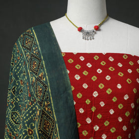 Bandhani Cotton 2pc Unstitched Dress Material Kurta Set with Jewellery 06