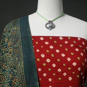 Bandhani Cotton 2pc Unstitched Dress Material Kurta Set with Jewellery 07