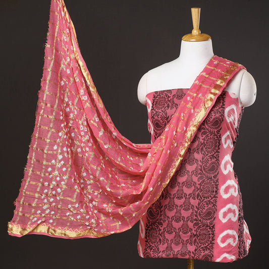 Pink - 3pc Kutch Bandhani & Shibori Tie-Dye Cotton Suit Material Set