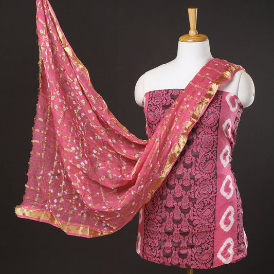 Pink - 3pc Kutch Bandhani & Shibori Tie-Dye Cotton Suit Material Set
