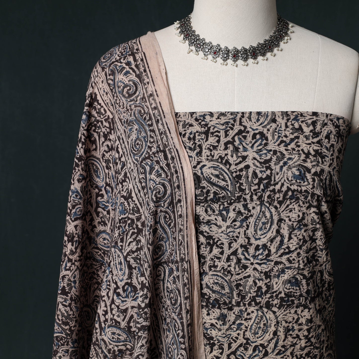 Pedana Hand Block Print Natural Dyed Cotton Kalamkari Unstitched Dress Material Kurta Set 12