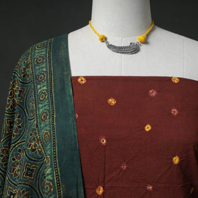 Bandhani Cotton 2pc Unstitched Dress Material Kurta Set with Jewellery 09