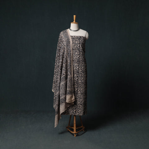 Black - Pedana Hand Block Print Natural Dyed Cotton Kalamkari Unstitched Dress Material Kurta Set 15