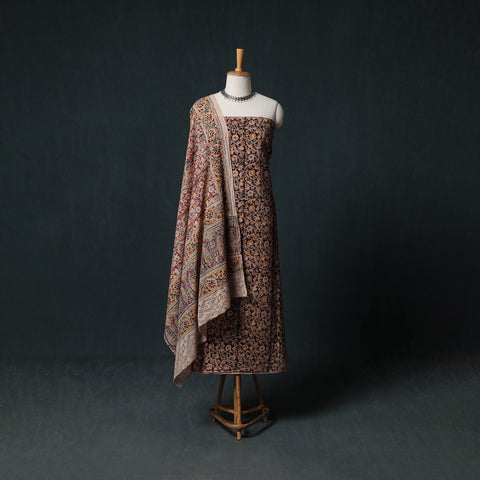 Brown - Pedana Hand Block Print Natural Dyed Cotton Kalamkari Unstitched Dress Material Kurta Set 17