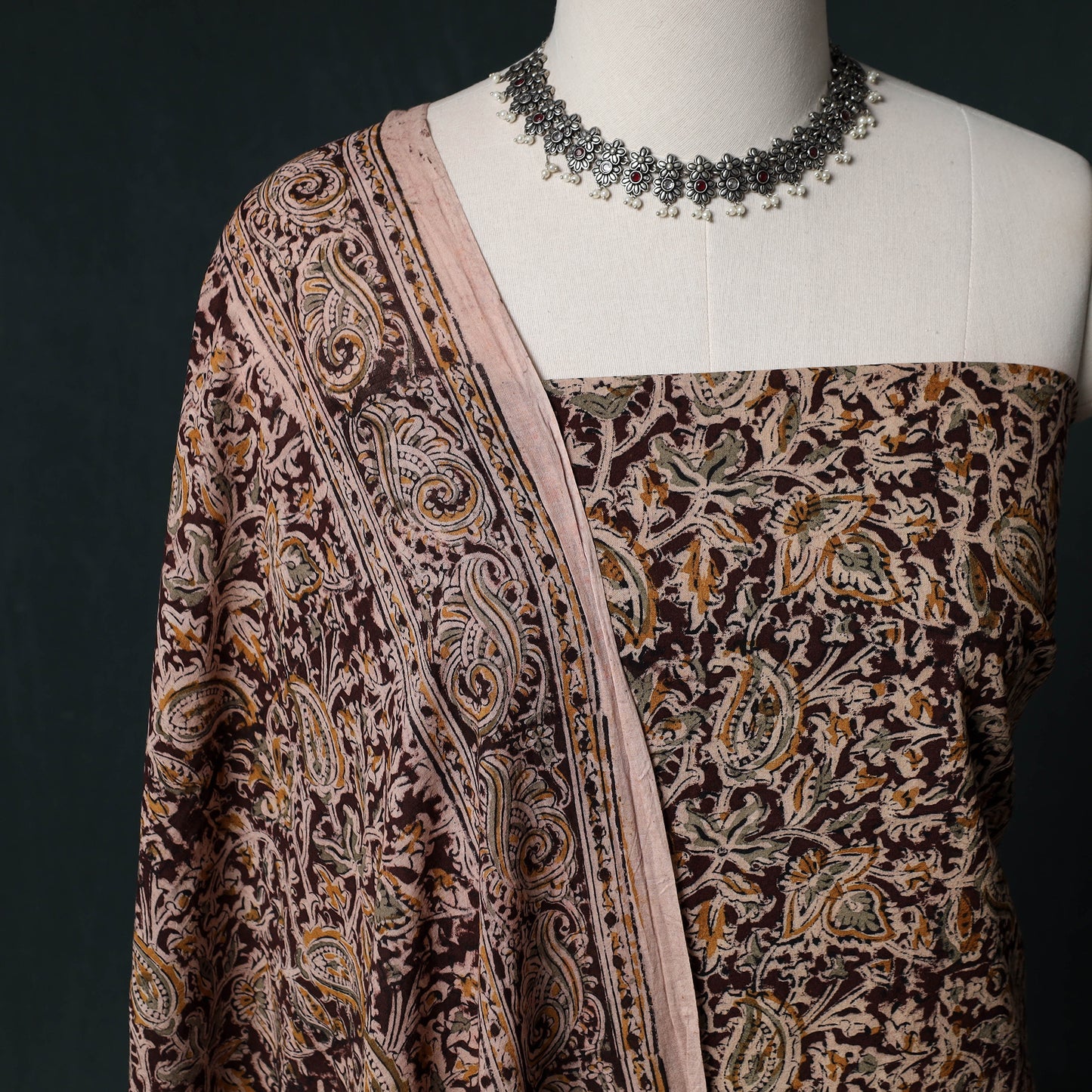 Pedana Hand Block Print Natural Dyed Cotton Kalamkari Unstitched Dress Material Kurta Set 18