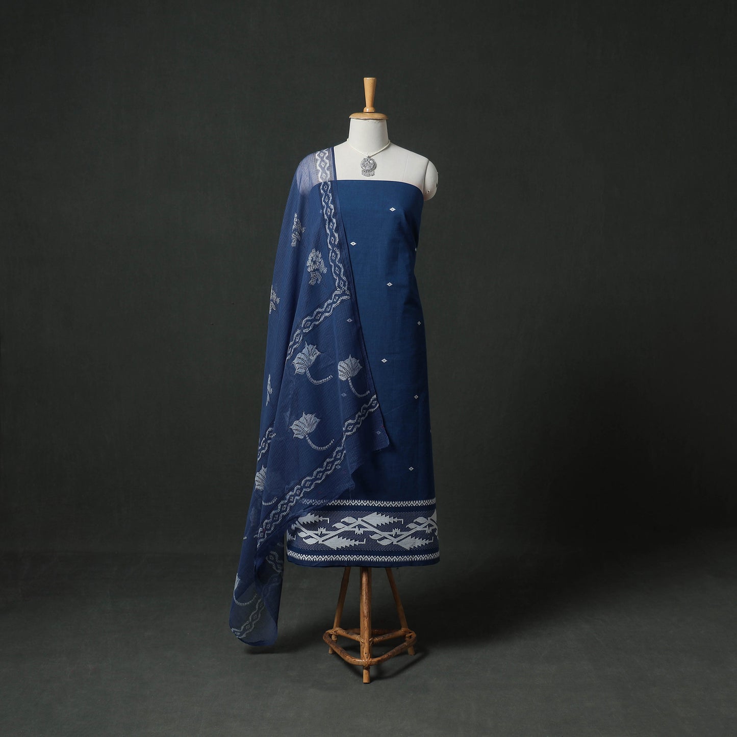 Jacquard Cotton 2pc Unstitched Dress Material Kurta Set with Jewellery 12