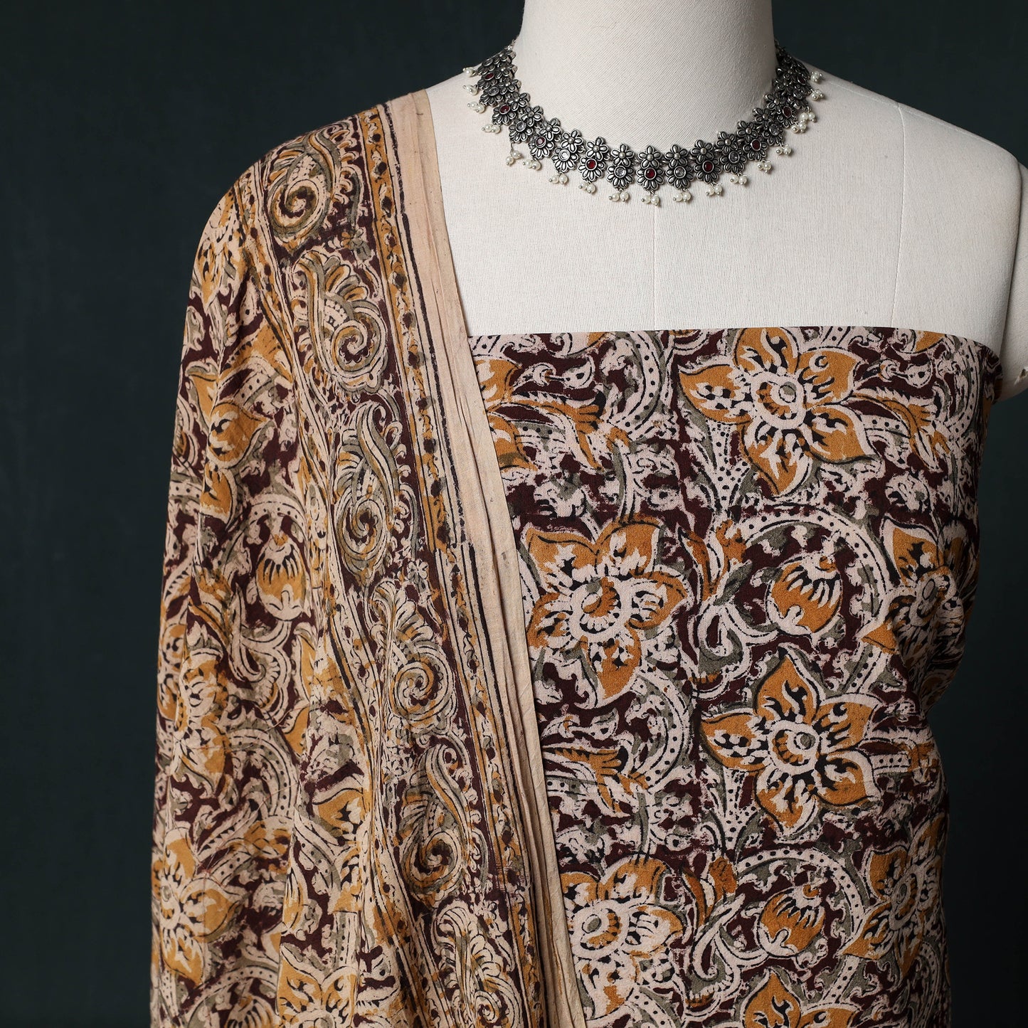 Pedana Hand Block Print Natural Dyed Cotton Kalamkari Unstitched Dress Material Kurta Set 19