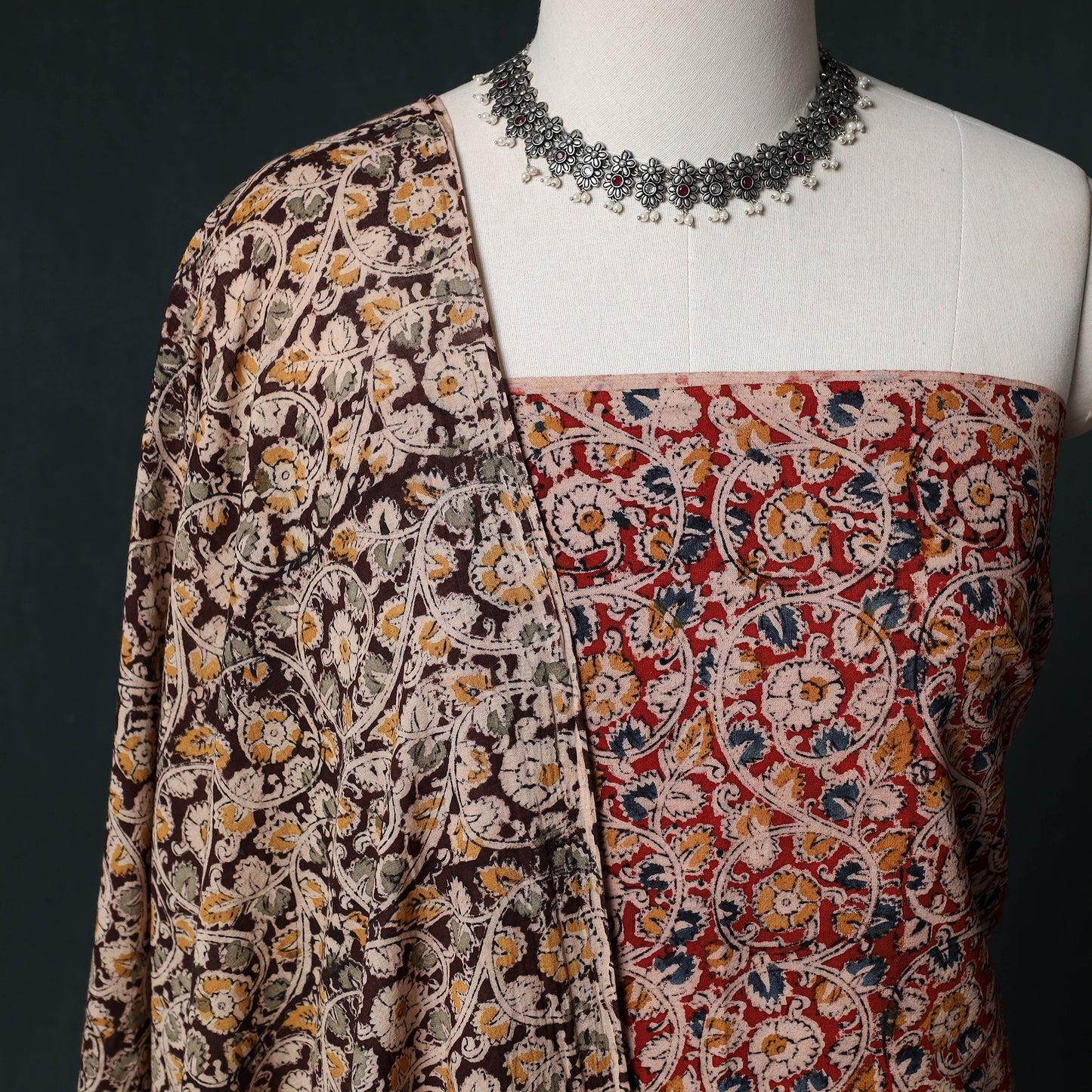 Pedana Hand Block Print Natural Dyed Cotton Kalamkari Unstitched Dress Material Kurta Set 20