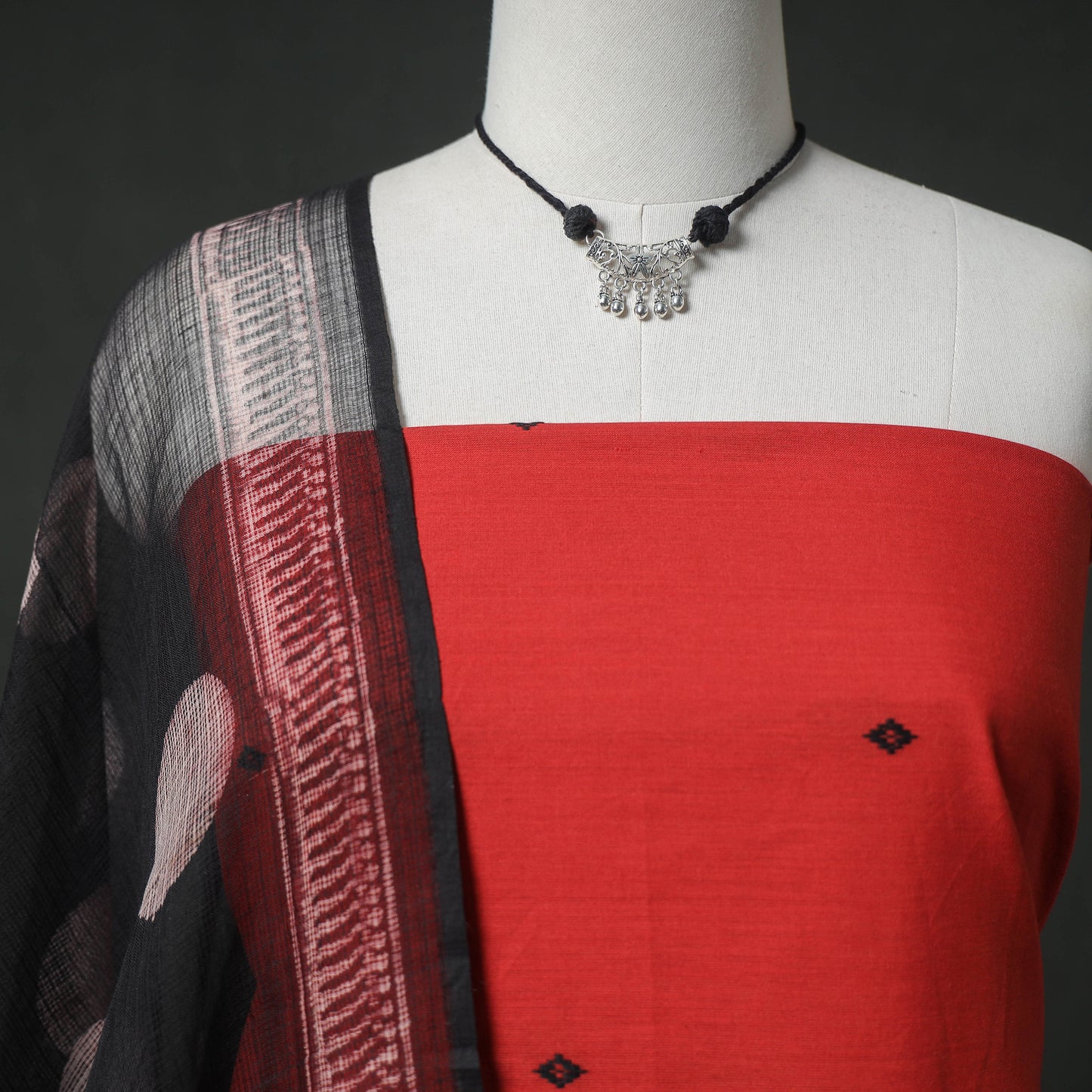 Jacquard Cotton 2pc Unstitched Dress Material Kurta Set with Jewellery 13