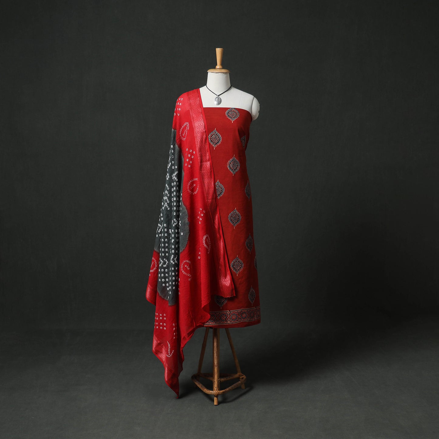 Ajrakh Block Print Natural Dyed Cotton 2pc Unstitched Dress Material Kurta Set with Jewellery 14