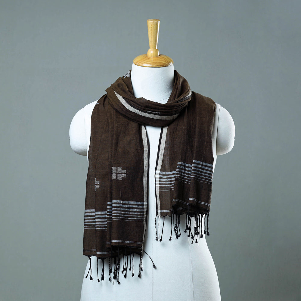 Brown - Burdwan Jamdani Cotton Handloom Stole with Tassels 02