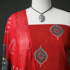 Ajrakh Block Print Natural Dyed Cotton 2pc Unstitched Dress Material Kurta Set with Jewellery 14