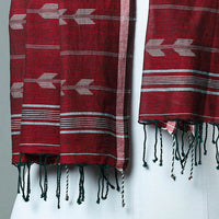 Maroon - Burdwan Jamdani Cotton Handloom Stole with Tassels 04