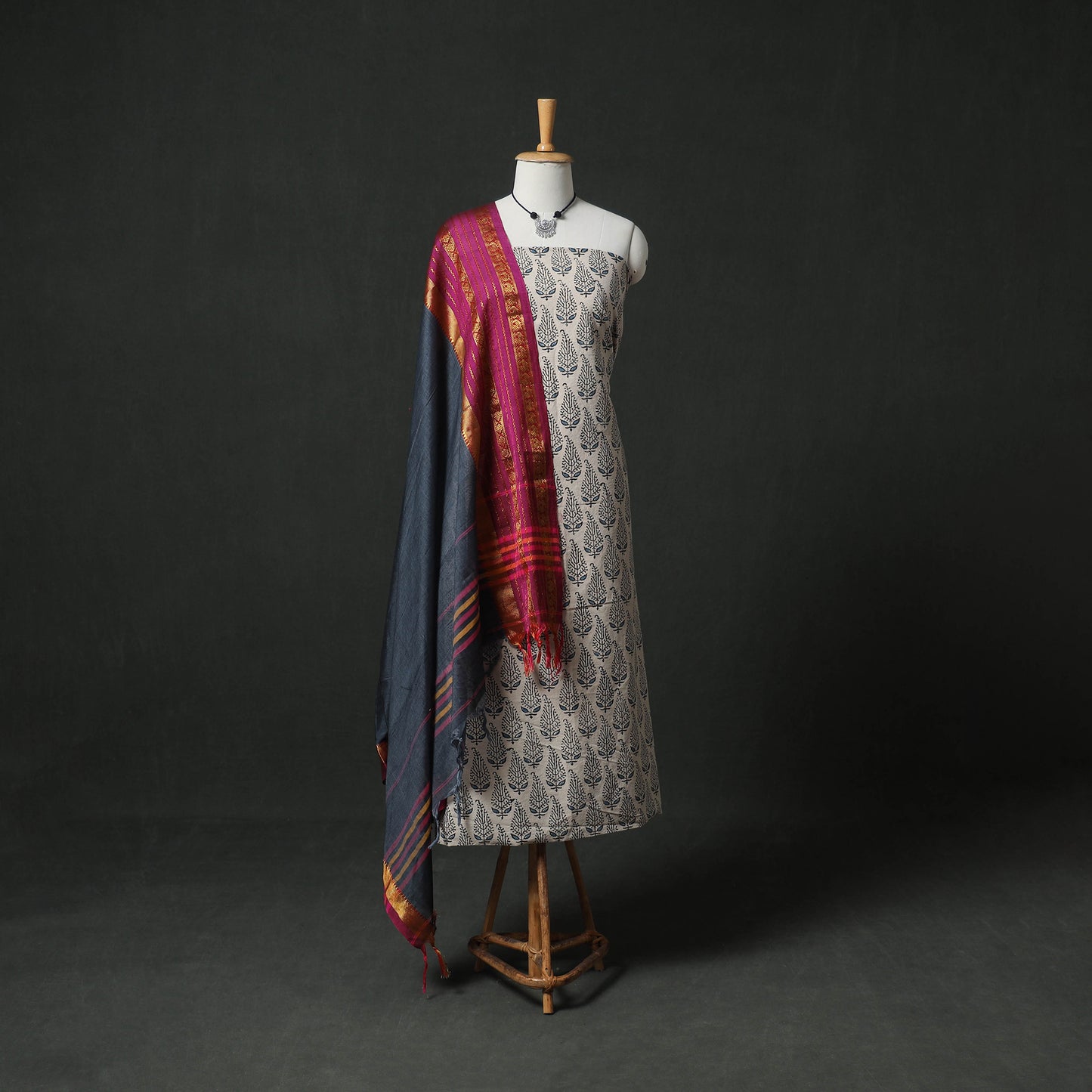 Ajrakh Block Print Natural Dyed Cotton 2pc Unstitched Dress Material Kurta Set with Jewellery 15