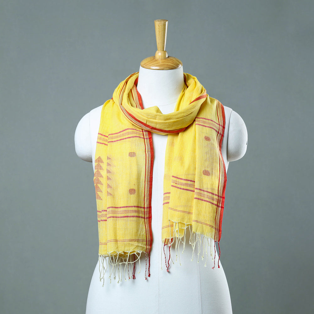 Yellow - Burdwan Jamdani Cotton Handloom Stole with Tassels 07