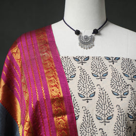Ajrakh Block Print Natural Dyed Cotton 2pc Unstitched Dress Material Kurta Set with Jewellery 15