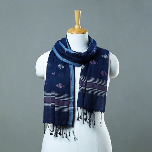 Blue - Burdwan Jamdani Cotton Handloom Stole with Tassels 11