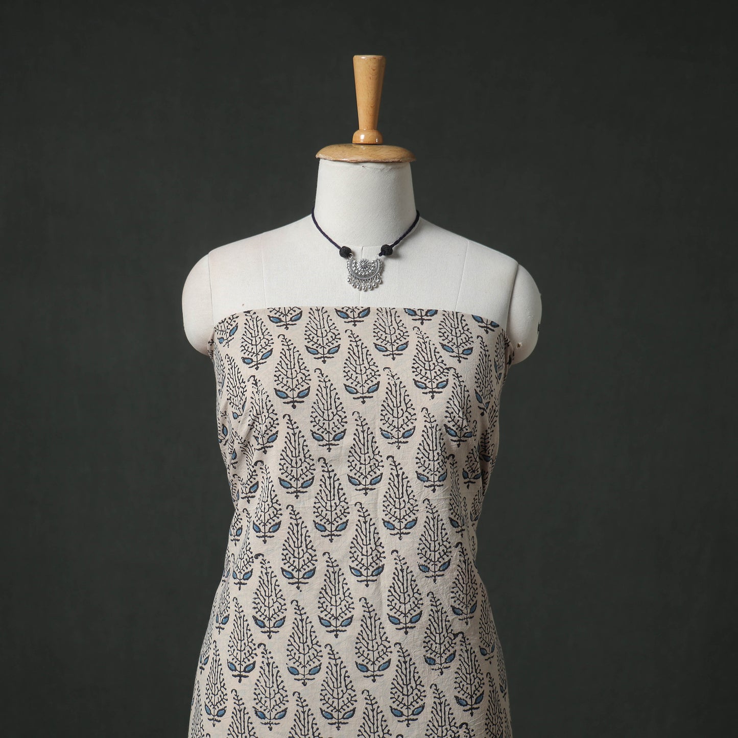 Ajrakh Block Print Natural Dyed Cotton 2pc Unstitched Dress Material Kurta Set with Jewellery 15