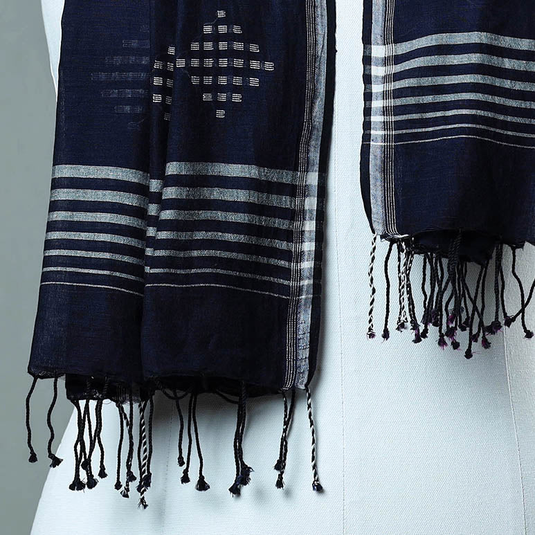 Blue - Burdwan Jamdani Cotton Handloom Stole with Tassels 13