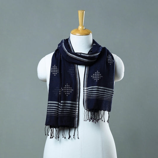 Blue - Burdwan Jamdani Cotton Handloom Stole with Tassels 13