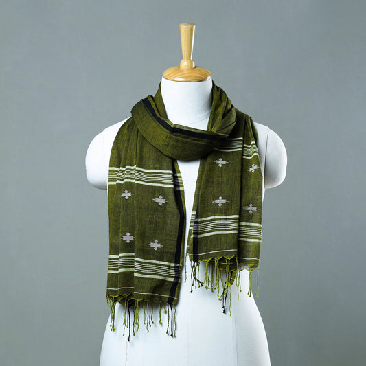 Green - Burdwan Jamdani Cotton Handloom Stole with Tassels 14