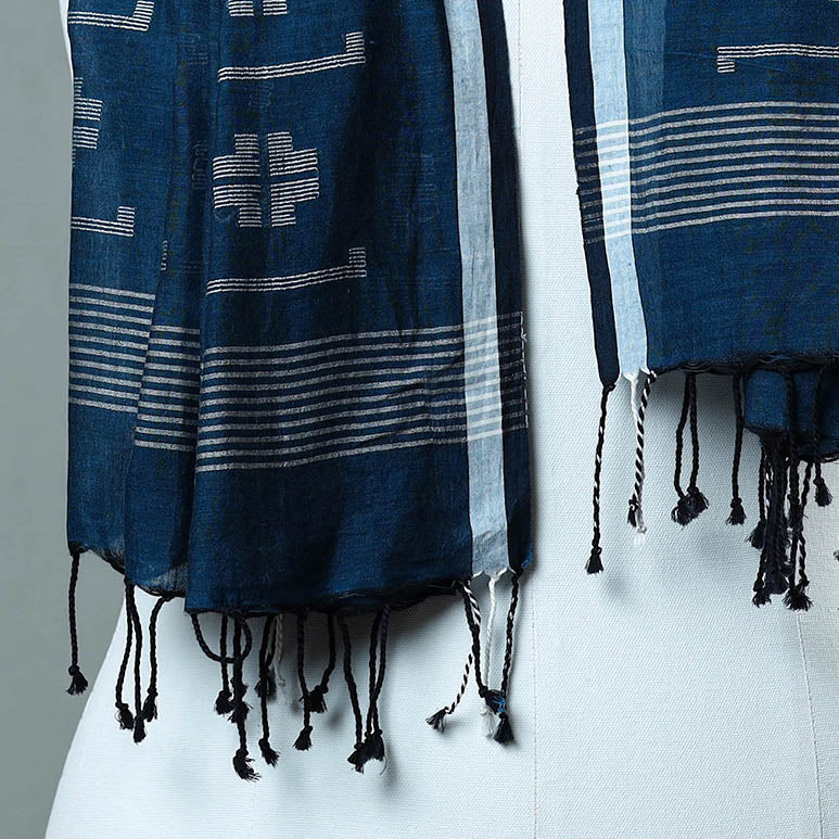 Blue - Burdwan Jamdani Cotton Handloom Stole with Tassels 15