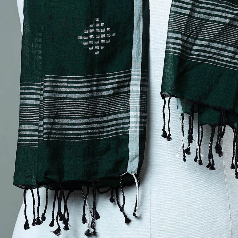 Green - Burdwan Jamdani Cotton Handloom Stole with Tassels 18