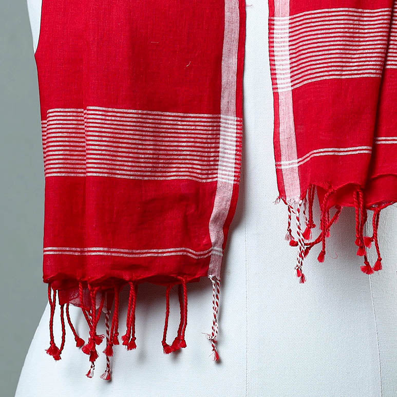 Red - Burdwan Jamdani Cotton Handloom Stole with Tassels 01