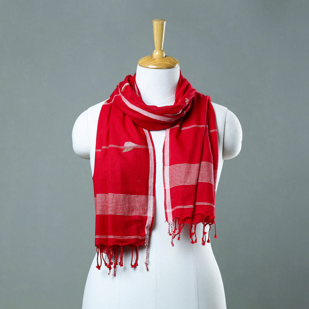 Red - Burdwan Jamdani Cotton Handloom Stole with Tassels 01