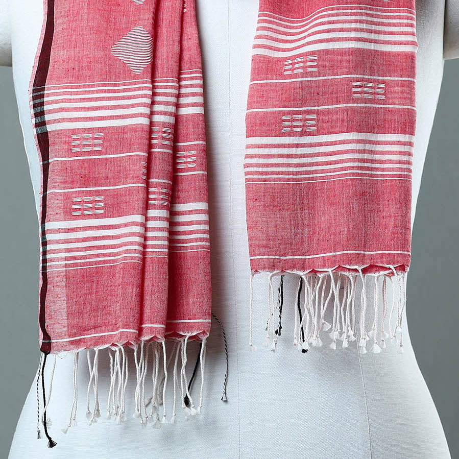 Pink - Burdwan Jamdani Cotton Handloom Stole with Tassels 03