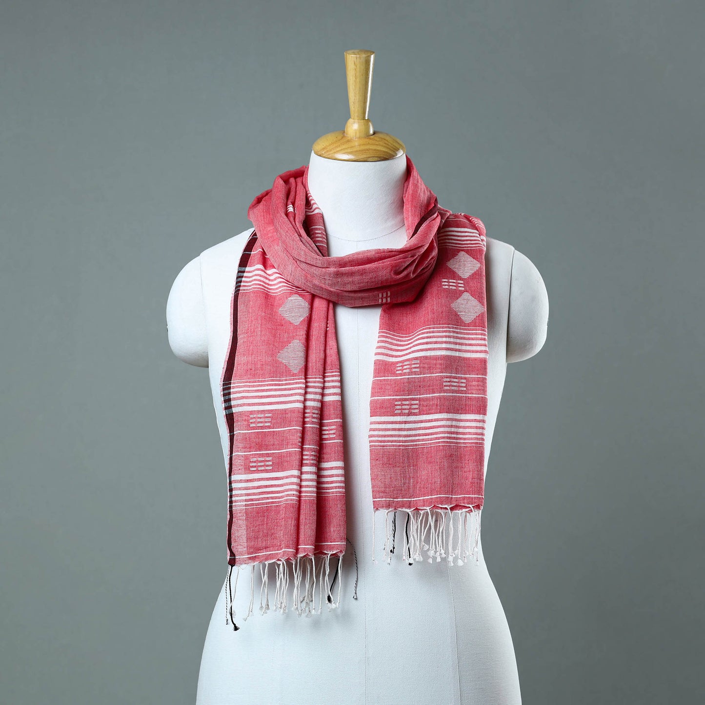 Pink - Burdwan Jamdani Cotton Handloom Stole with Tassels 03