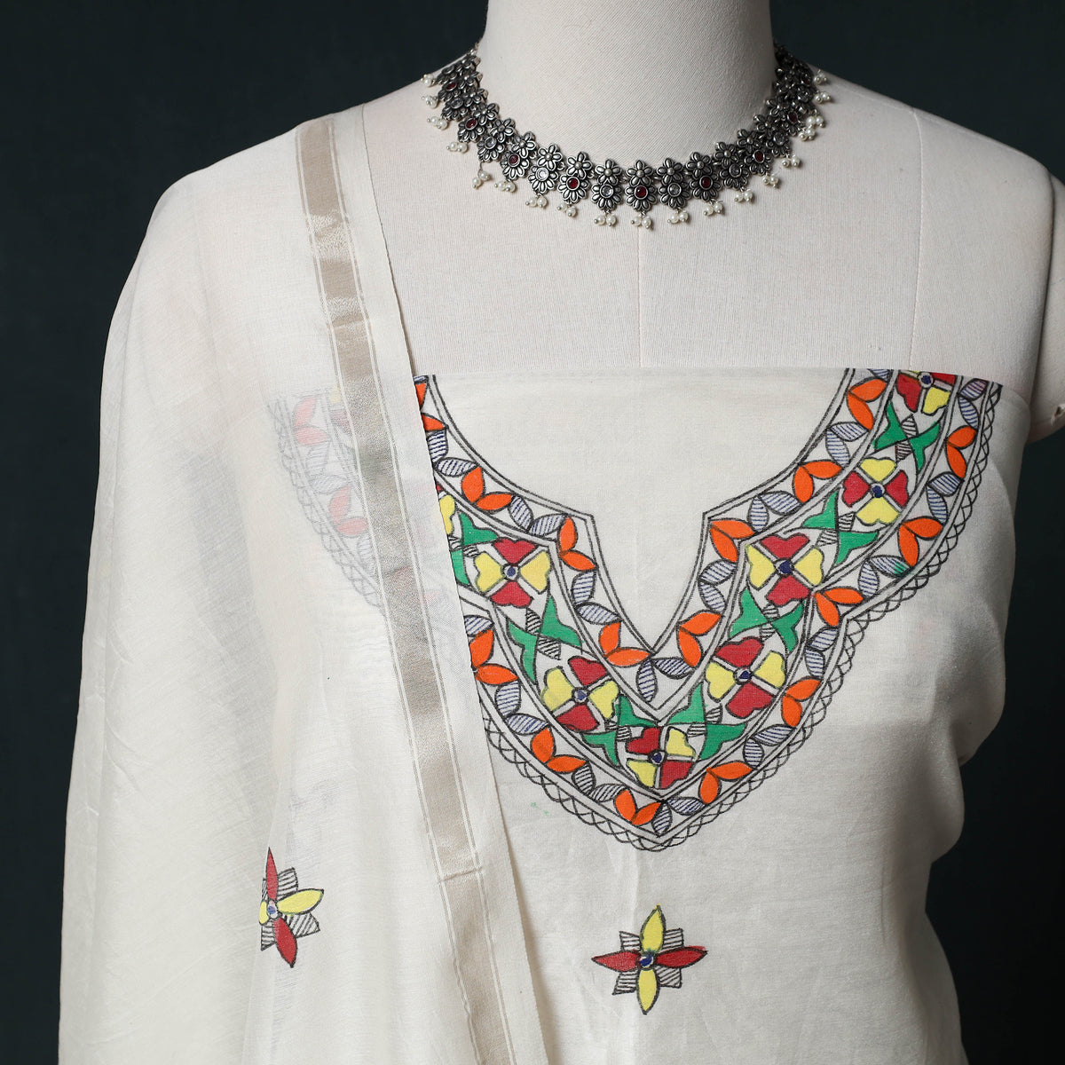 White - Madhubani Handpainted Chanderi Silk 2pc Unstitched Dress Material Kurta Set 01