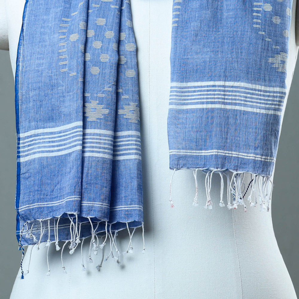 Blue - Burdwan Jamdani Cotton Handloom Stole with Tassels 05