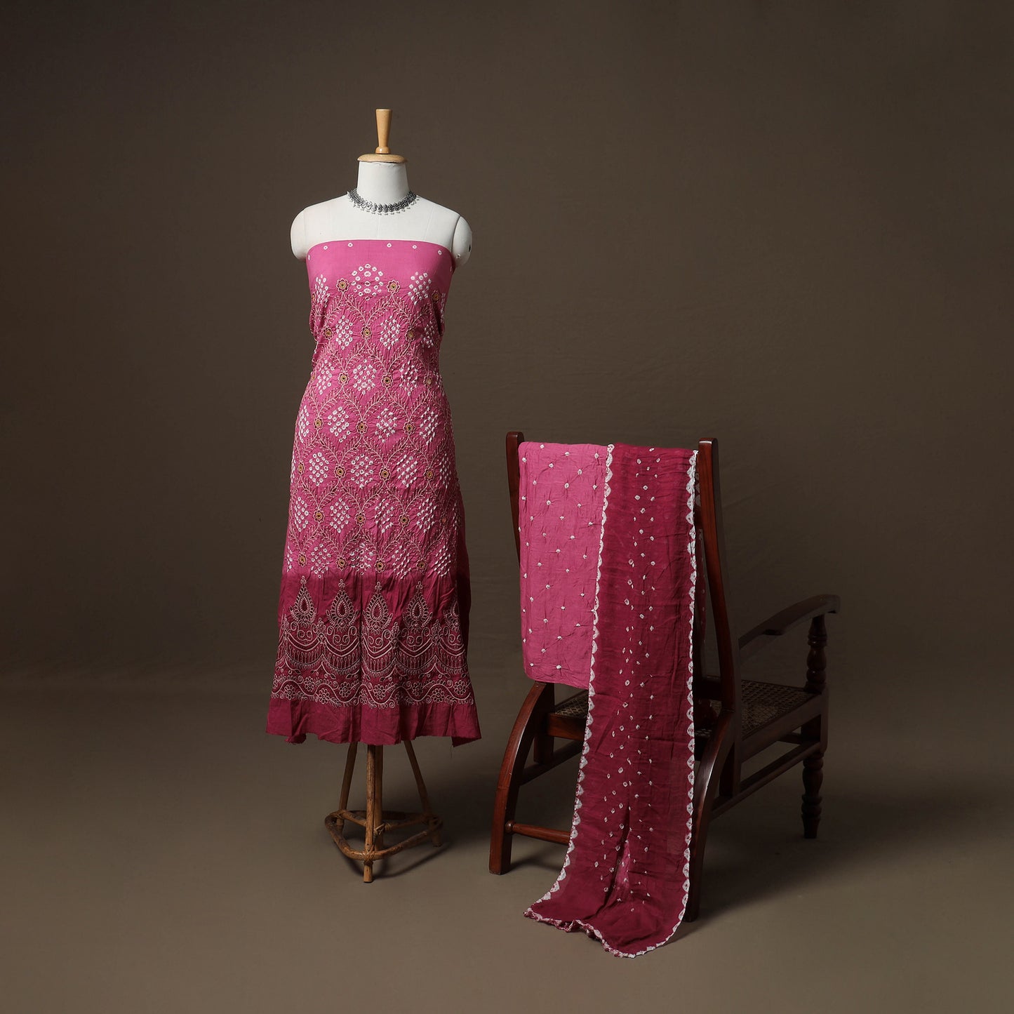 Kutch Bandhani Sequin Work Satin Cotton Unstitched Dress Material: Kurta, Bottom & Dupatta 04