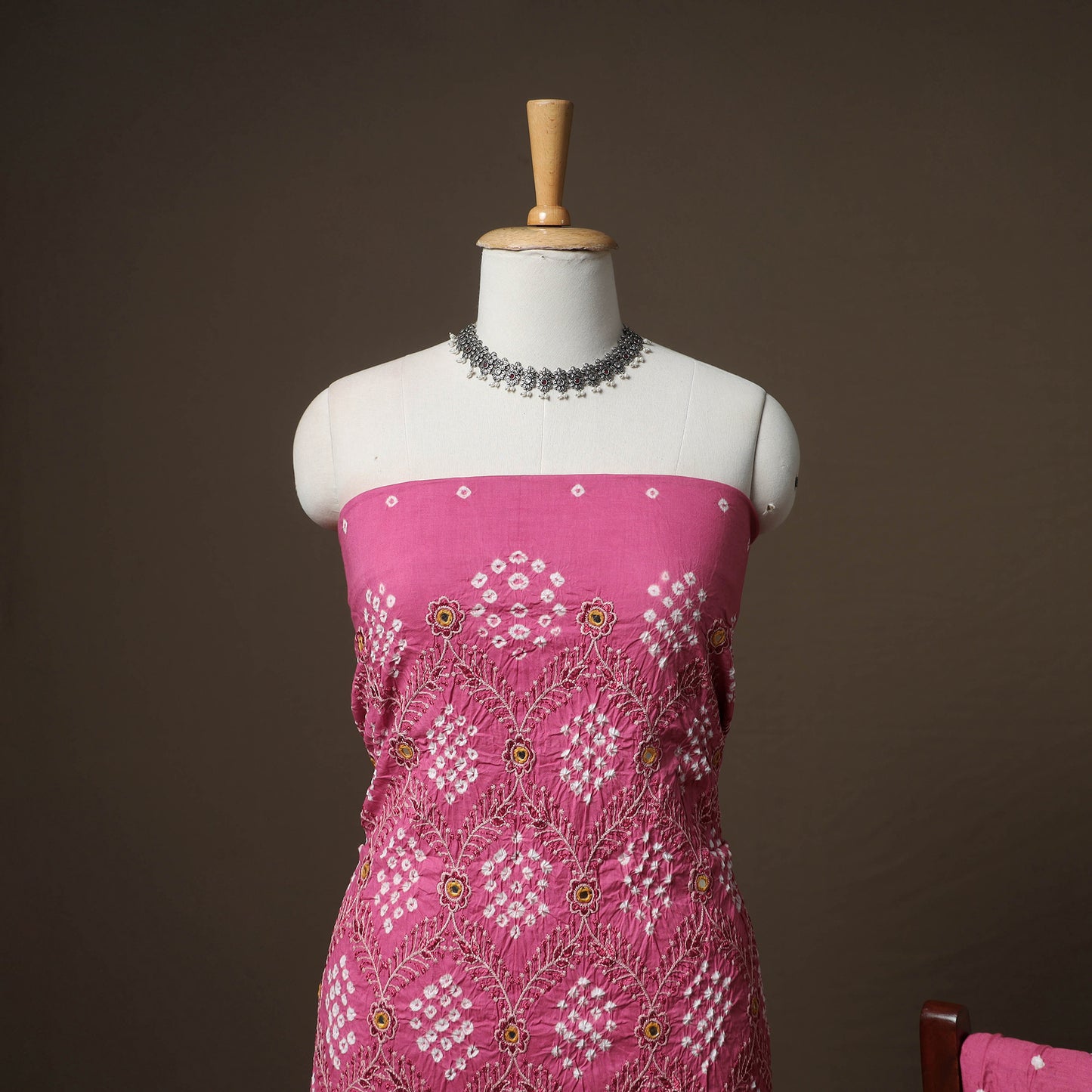 Kutch Bandhani Sequin Work Satin Cotton Unstitched Dress Material: Kurta, Bottom & Dupatta 04
