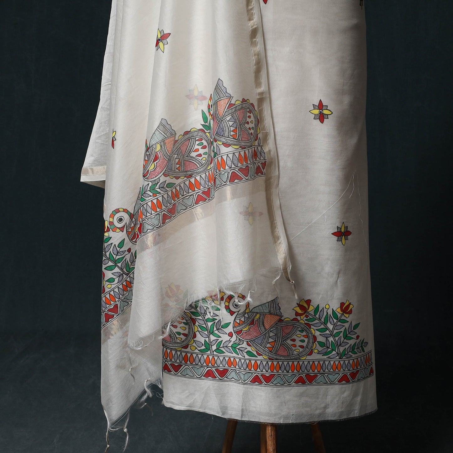 White - Madhubani Handpainted Chanderi Silk 2pc Unstitched Dress Material Kurta Set 01