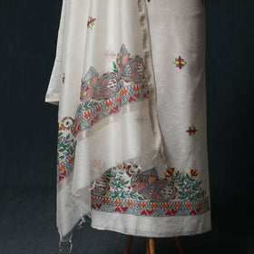 White - Madhubani Handpainted Chanderi Silk 2pc Unstitched Dress Material Kurta Set 01
